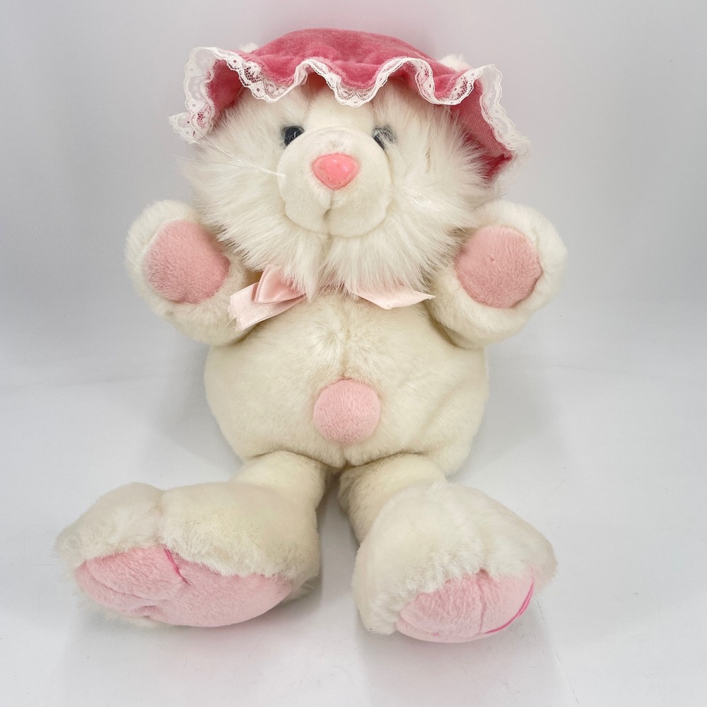 Slipper Pets White Cat Plush Pink Bonnet Lace R.G. Barry Corp 16" Vintage 1990s